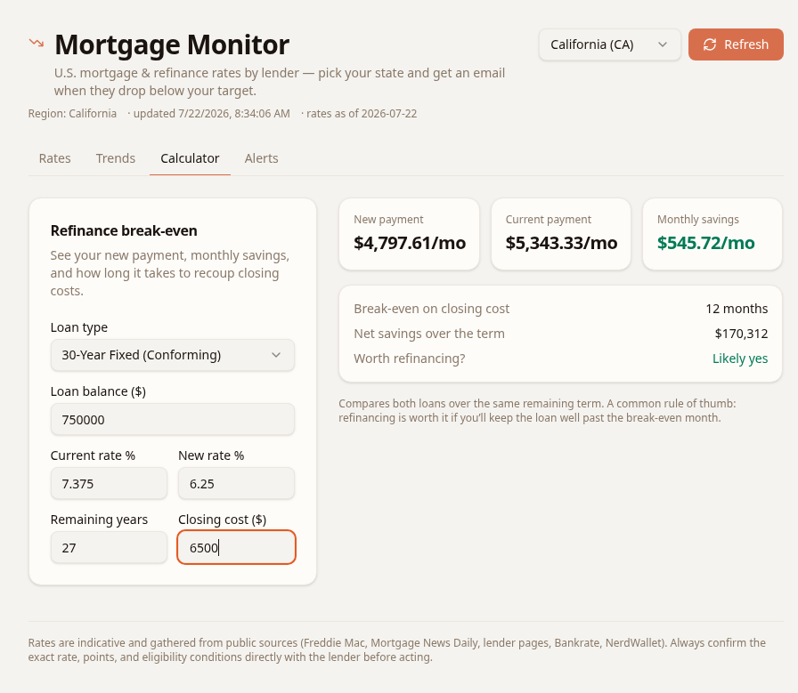 Refinance break-even calculator — new payment, monthly savings, and months to break even