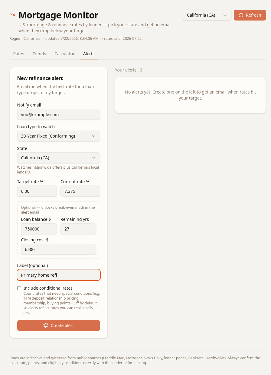 Create a refinance alert with target rate, state, and optional break-even inputs