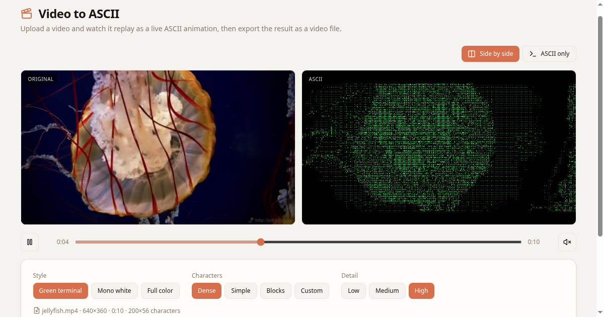 Side-by-side original video and green-terminal ASCII animation of a jellyfish